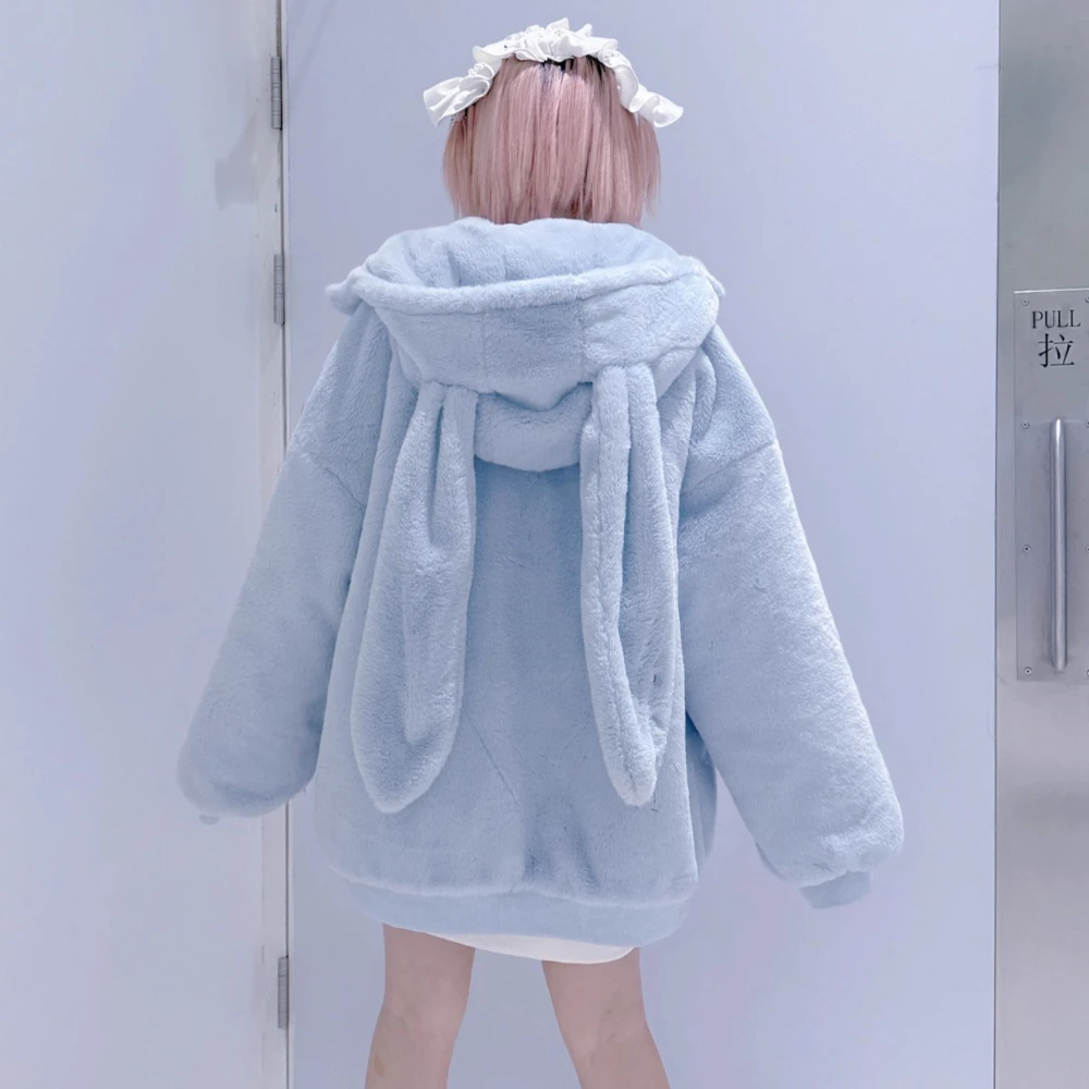 2025 الشتاء الأصلي اليابانية لوليتا معطف فروي أرنب الأذن مقنعين سستة بولي Buckle مشبك فضفاض تنوعا سميكة أفخم سترة للنساء #3