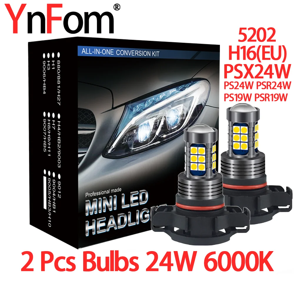 YnFom Car Special Non-destructive Installation Halogen To LED Bulb 2 Pcs 5202 H16(EU) PSX24W PS24W PS19W Kit For Fog Lamp