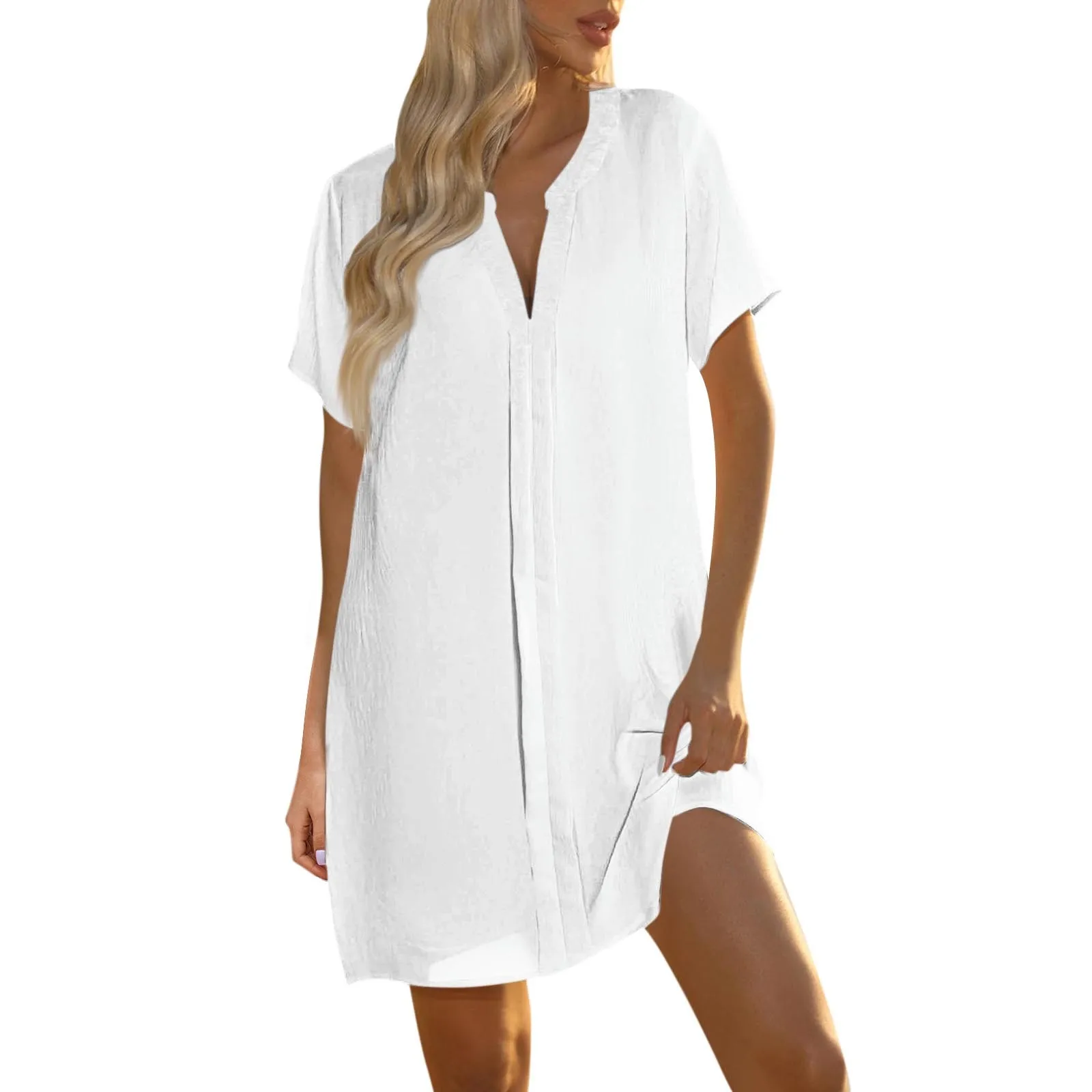 Women'S Shirt Dress 2024 Summer New Casual V-Neck Stand Collar Short Dress Fashionable Solid Color Short Sleeved Dresses