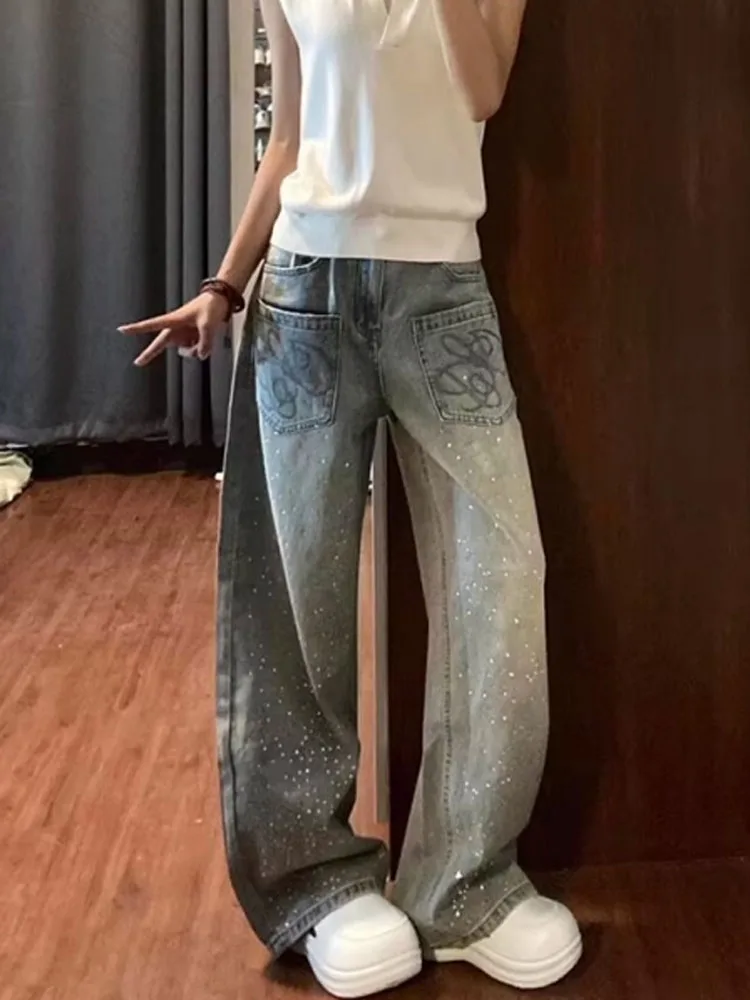 

American Retro Women Rhinestone Wash Jeans Pocket Print Baggy Floor Denim Pants Trendy Y2K Straight Wide Leg Versatile Trousers
