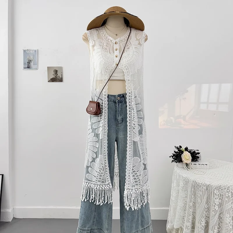 Robes d'été femmes col rond crochet fleur conception fendu gland mi-longue Robe sans manches chevauchement Robe décontractée