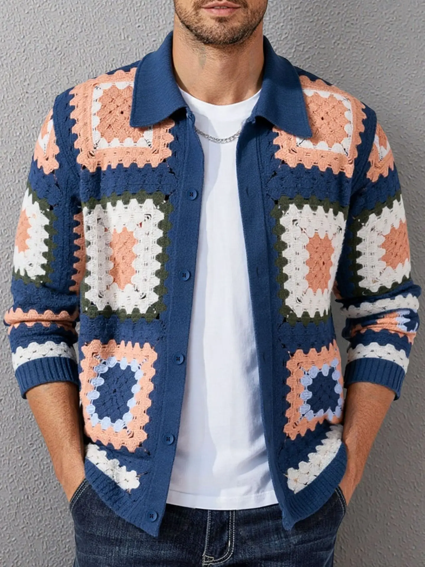 

Мужской повседневный вязаный свитер с длинными рукавами, ажурный, в американском стиле, весна-осень, новинка, ретро, мужская трикотажная одежда из полиэфирного волокна