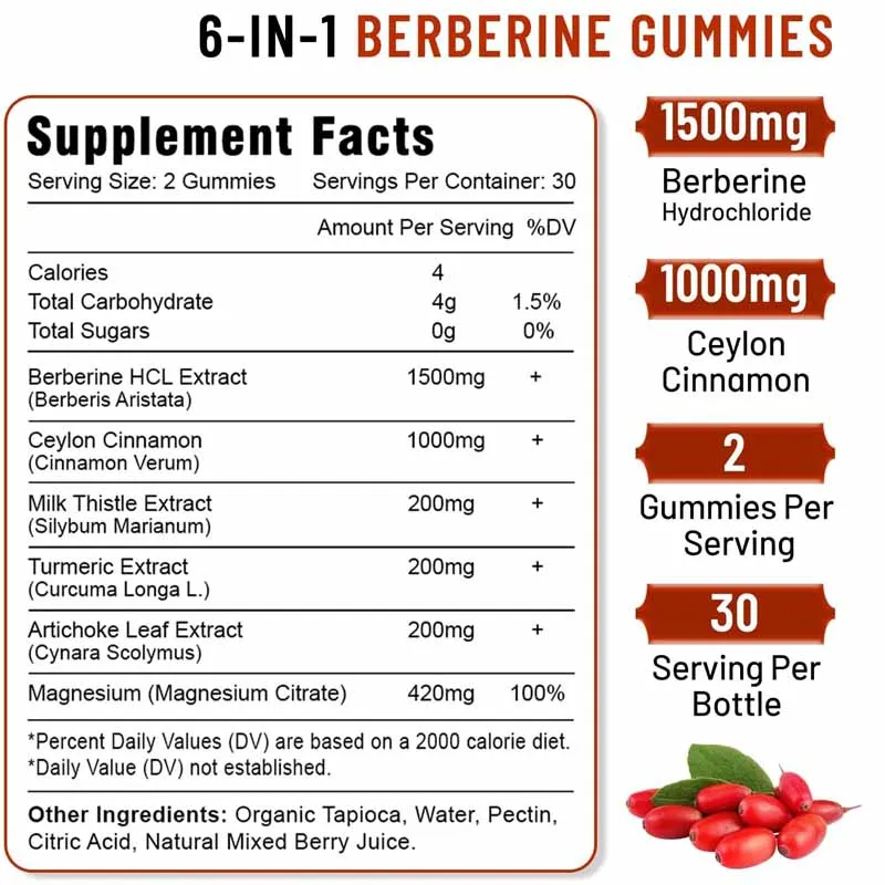 Berberine Gummies 1500 มก. ประกอบด้วยอาหารเสริมซีลอนอบเชยและ Milk Thistle ผสมรสเบอร์รี่สําหรับ 60 แคปซูล