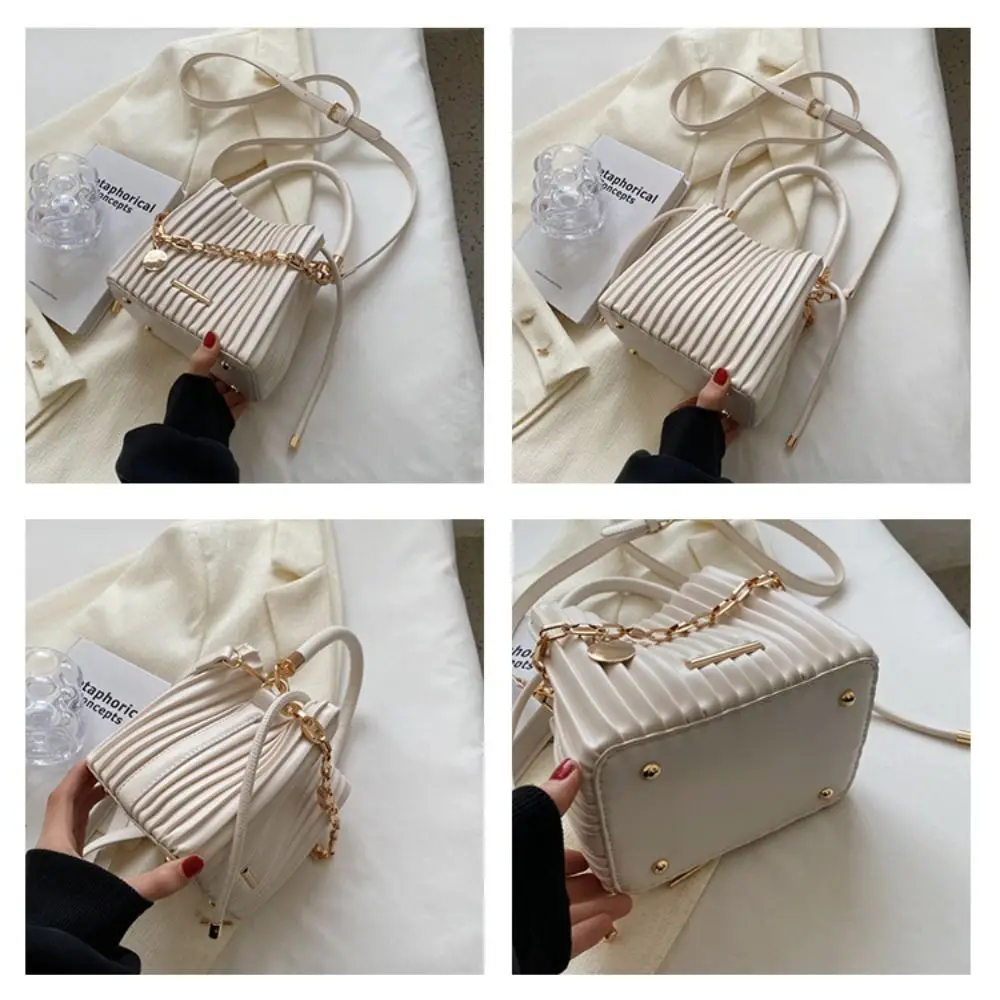 Fashion Original Design Pleated Bucket Bag Canvas Material Drawstring Type Chain Crossbody Backpack Underarm Bag Gift