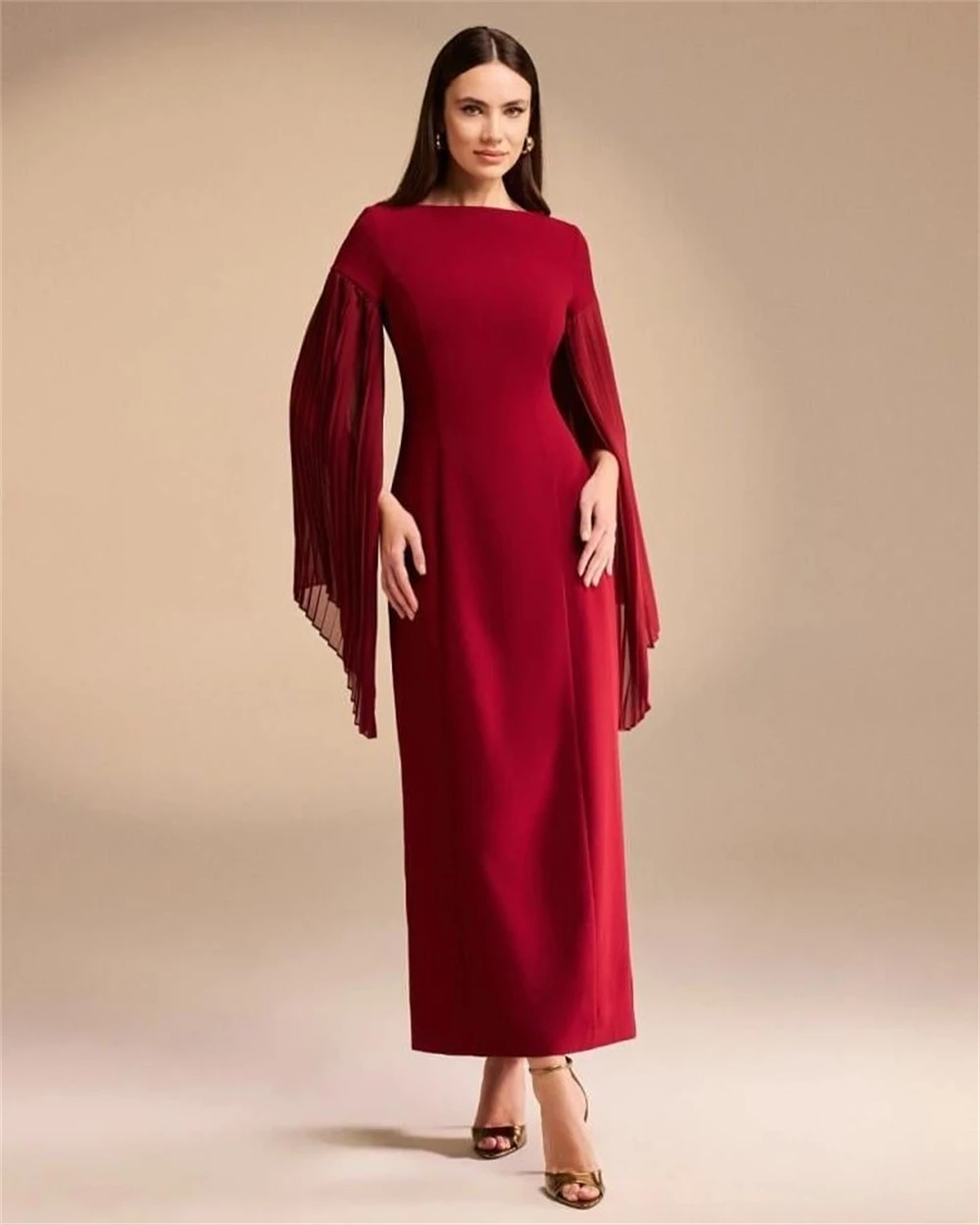 

Customized High Quality Burgundy Jersey Evening Dress Temperament Cap Sleeve Shawl Long Sleeves Back Slit Bespoke Occa