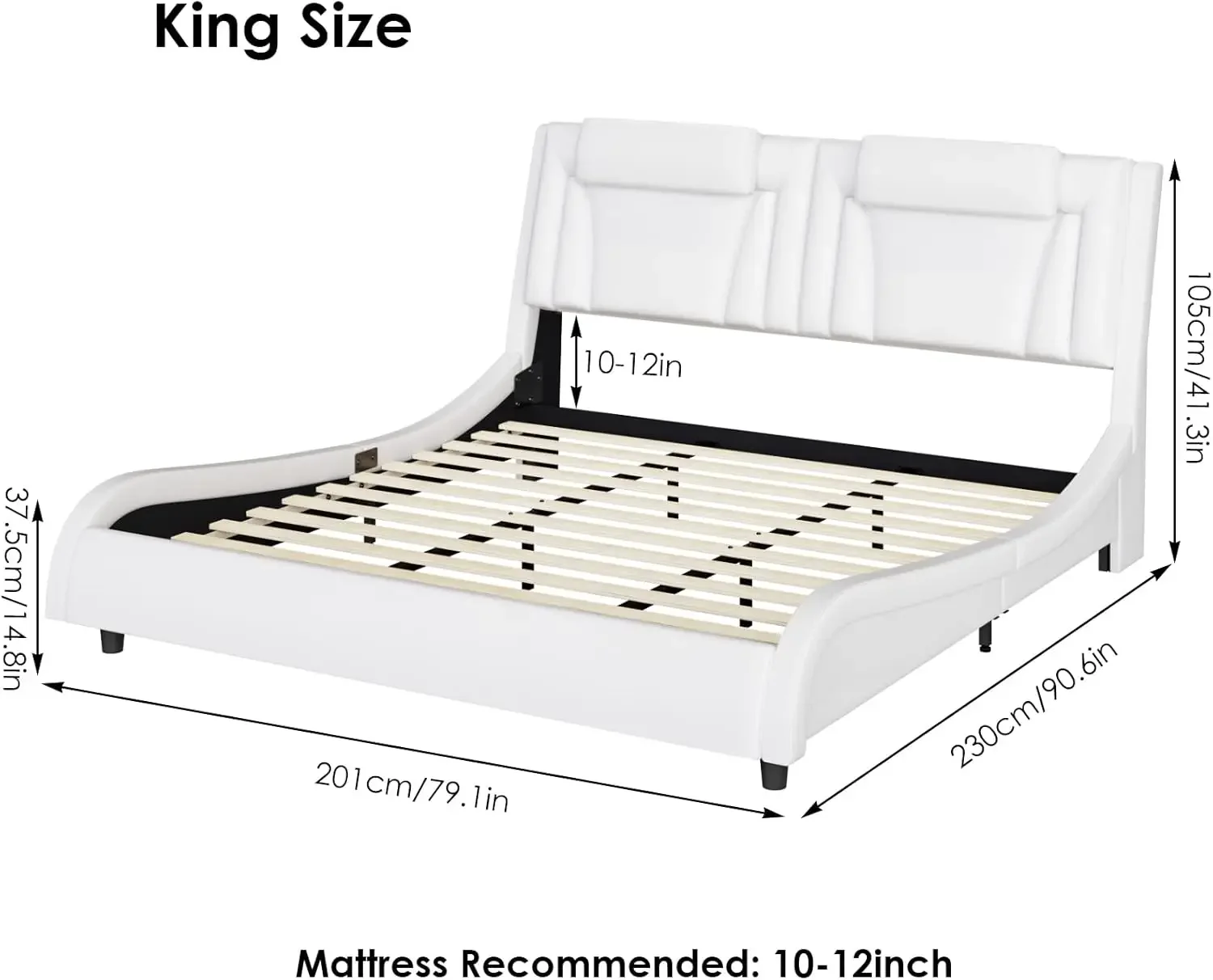 Keyluv modern cushioned king size bed frame with adjustable LED headboard, solid wood support, no need for box springs,