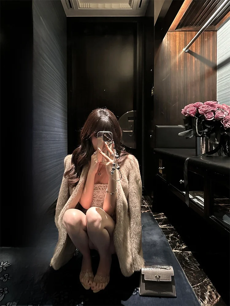 

Roselyn Vintage Light Brown Smooth Synthetic Mink Jacket Eco-Friendly Fashionable Women's Coat Waist-Cinching Style Premium Q...
