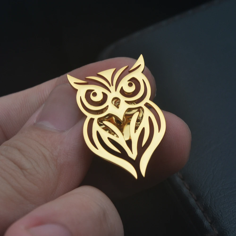 Men\'s Lapel Brooch Owl Shaped Fashion Brooch Stainless Steel Plated Color Wedding Dress Jewelry Birthday Gift for Boyfriend