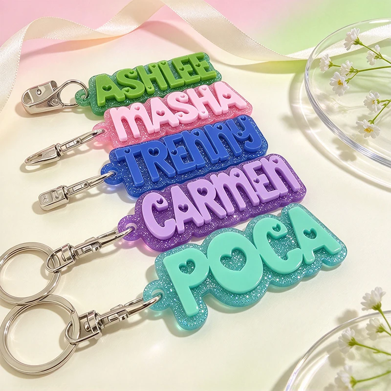 Custom Name Glitter Acrylic Keychain Heart‑Cut Letter 3D Name Personalized Keyring Bag Charm Backpack Pendant Girls Women Gift