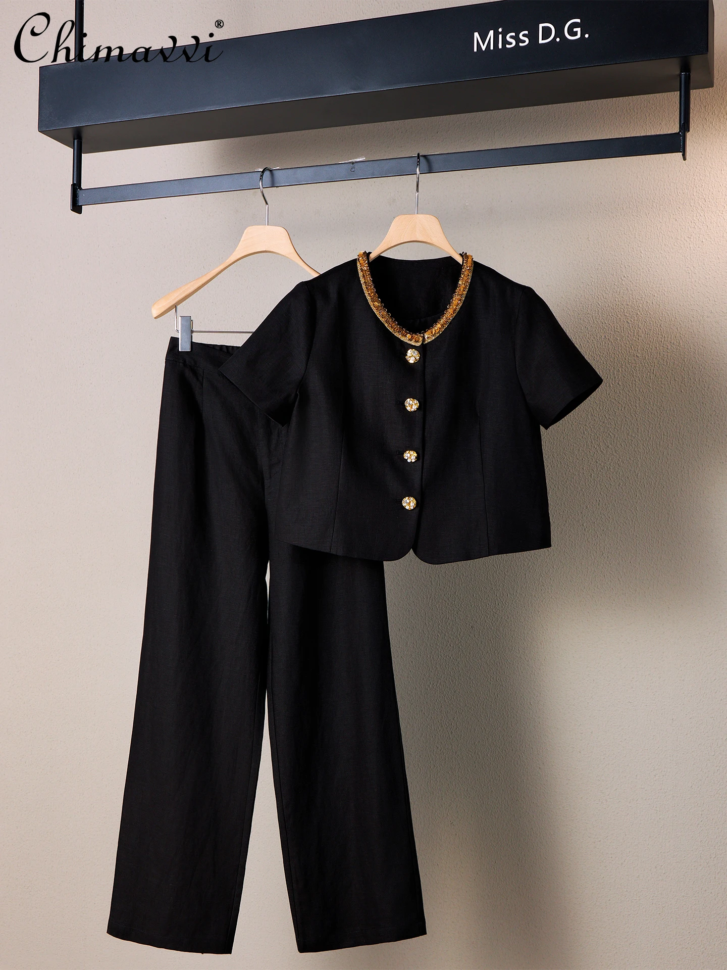

2025 Summer Clothes High-end Fashion Short Sleeve Jacket Top+Straight Pants Two-Piece Set Slim-fit Elegant Women's Outfits