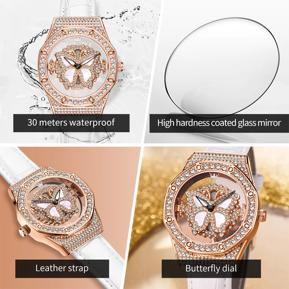 OLEVS Brand Elegant Lady Watch Butterflies Can Rotate Leather Strap Quartz Women Watch Waterproof Bracelet Necklace Gift Box Set