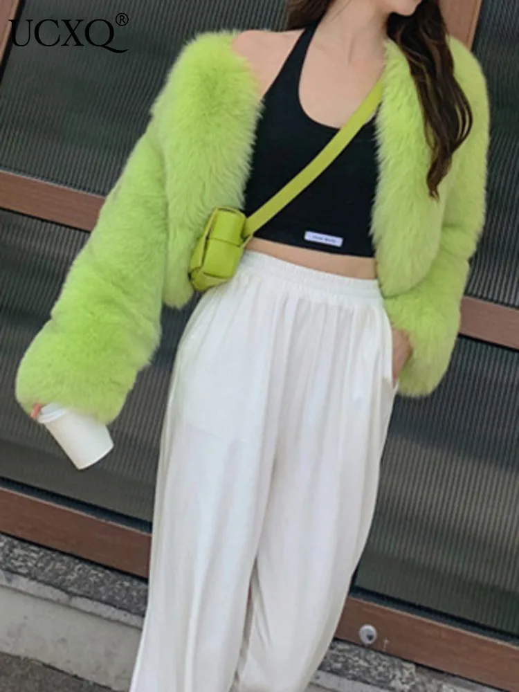 UCXQ Fashion Tide Jacket European Style O Neck Cardigan All Match Solid Color Casual Faux Fur Coat Women 2024 Autumn Winter 1838