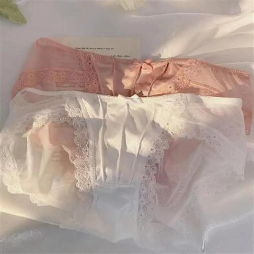 New French Satin White Underwear Women\'s Lace Panties Mesh Briefs Low Waisted Breathable Panties