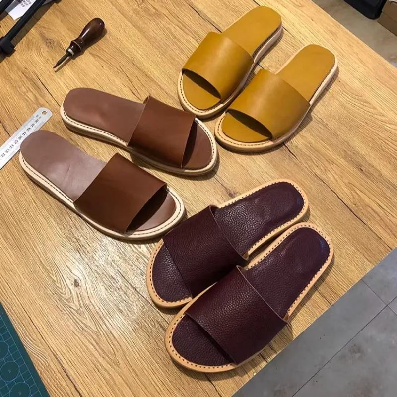 Men's Shoes Genuine Leather Fashion Slip on Open Toe Casual Summer Slippers Male Concise Comfortable Outdoor Sandals Youth