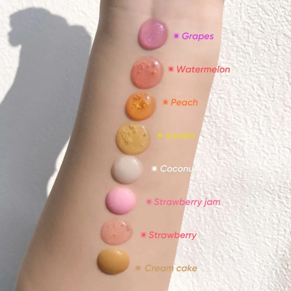 프라이빗 라벨 맞춤 로고 도매 메이크업 레인보우 과일 립글로스 시어 컬러 립밤 소프트 튜브 건조함 보습 립 오일