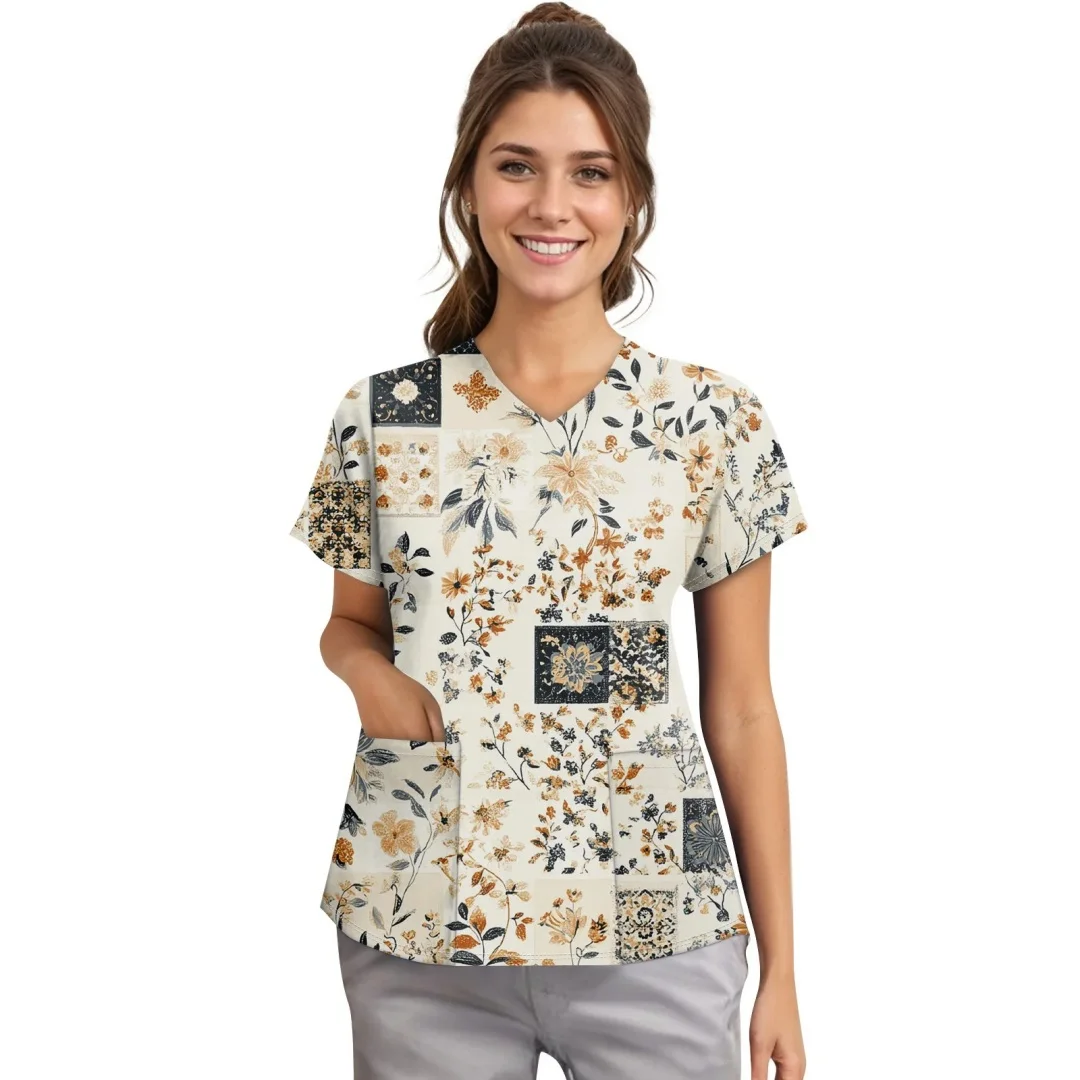 V-Neck Pocket Cartoon Animal Print Care Workers T-Shirt Tops Clinic Working Clothing Women Short Sleeve Scrub Tops Nurse Uniform