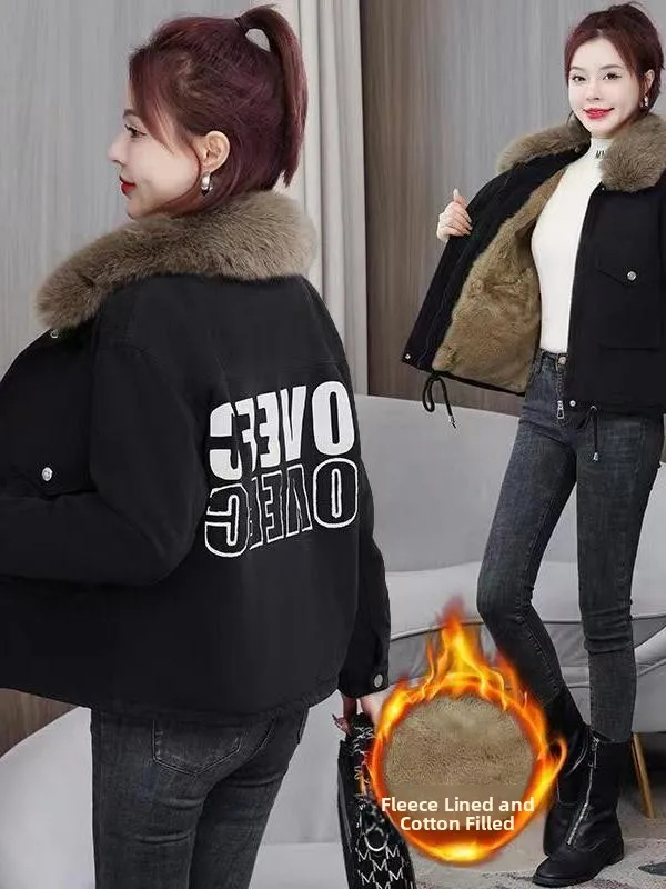 Chaqueta de Invierno para Mujer Talla Grande, Abrigo de Piel de Cordero, Estilo Coreano, Grueso, con Cuello de Piel, Parka con Cremallera y Manga Larga