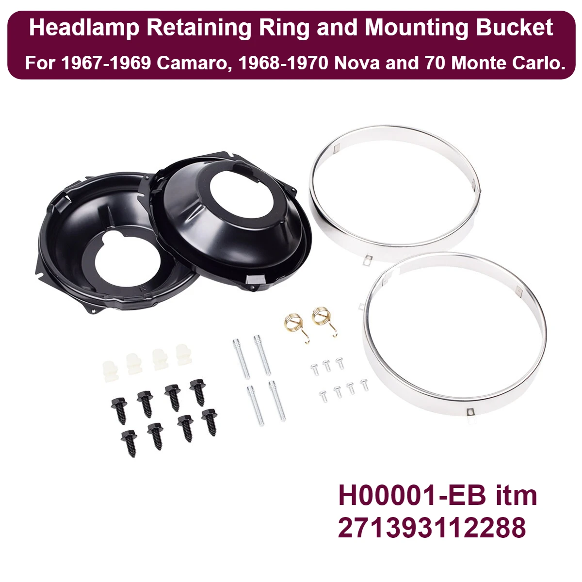 Headlamp Retaining Ring Mounting Bucket 28pc Kit w/ hardware Camaro Nova rings Kit For 1967-1969 Camaro, 1968-1970 Nova