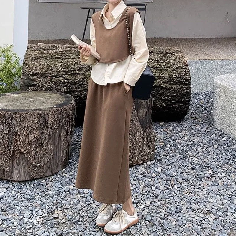 Spring Autumn Turn-down Collar Ladies Suits Long Sleeve Button Shirt Elastic Waist A-line Skirt Solid Color Casual Loose Vest