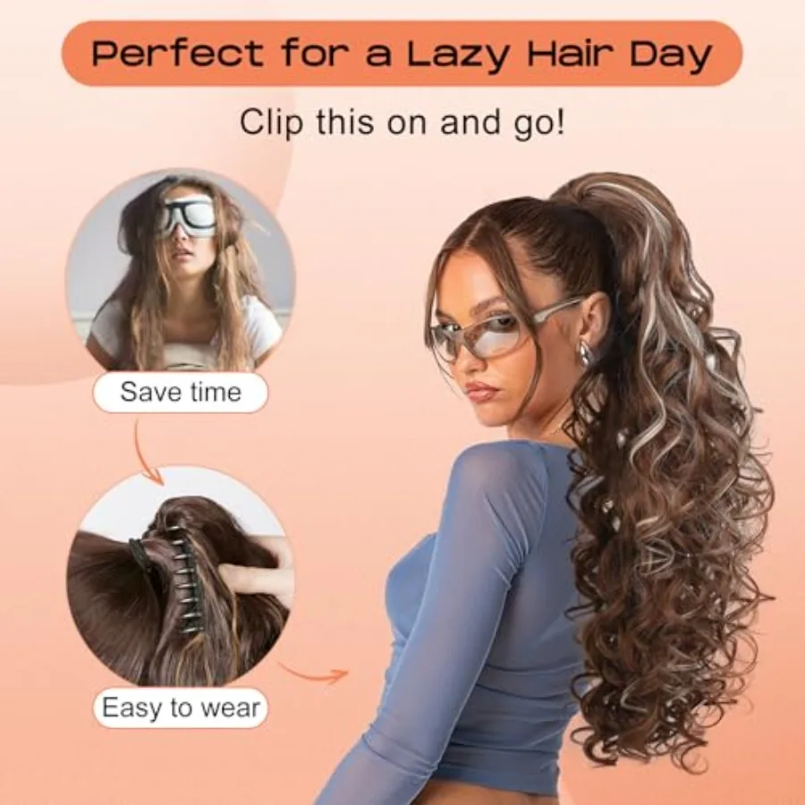 24 رقيق طويل متموج مجعد مخلب كليب وصلات شعر للنساء متعدد الطبقات كليبين ذيل حصان وهمية مع الاصطناعية الناعمة الطبيعية H #2