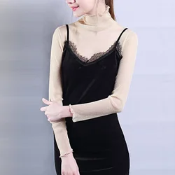 S-2XL Transparent Mesh T Shirt Women Red Pink Black See Through Tops Long Sleeve Sheer Slim Ladies Turtleneck Bright T-Shirt Top