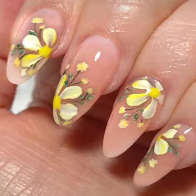 

24pcs Floral Press-On Nails - Sunny Yellow Blossoms Medium Almond Shape (Multi Sizes) Ins Style Spring Nail Accessories