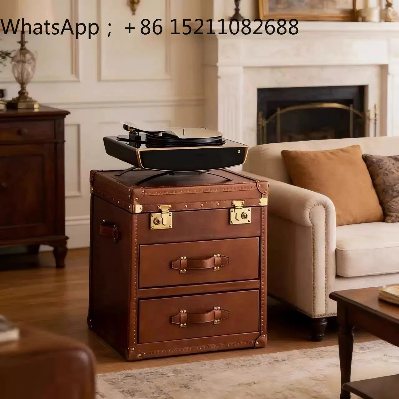 SCY retro high-end coffee table bedside table with lock leather box Chinese antique cafe cigar bar storage cabinet