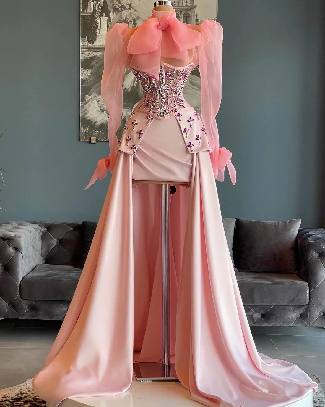 Vestidos De graduación De alta costura rosa, corte en A, mangas largas, tul con cuentas, Arabia Saudita, Dubai, vestido De noche personalizado