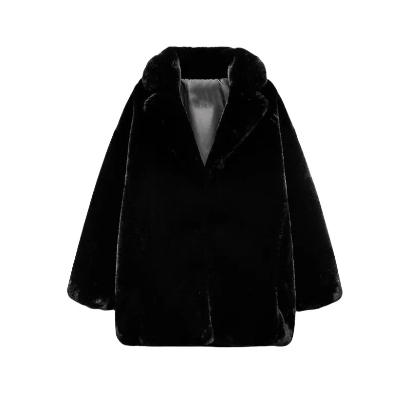 ETJ 2024 Winter traf Women's Elegant fashion Black lapel faux fur coat Soft thick warm coat 1255770