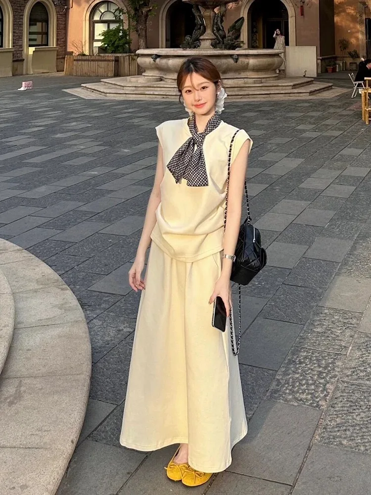 

Hot Girl Suit Women's Summer Loose Sleeveless Top High Waist A-line Long Skirt Two-piece Set Fashion Female Clothes