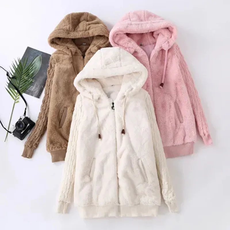 

Sweater Womens 2022 Autumn Winter New Fashion Plush Cardigan Hoodie Women Long Embroidery Splicing Quilted Thick Warm Outerwear