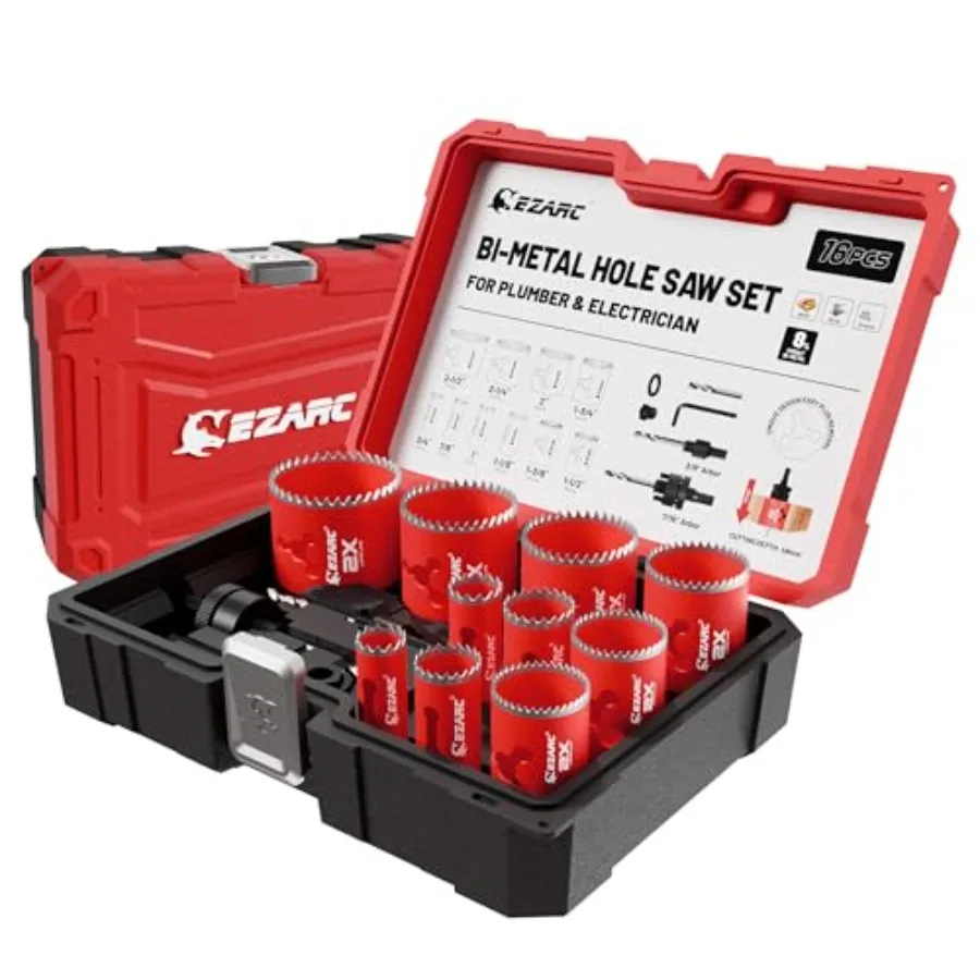 

Hole Saw Kit 16Pcs Bi-Metal Hole Saw Set with 3/4"-2-1/2" 19-64mm Mandrels Drill Bits Installation Plate Hex Key with Storage C