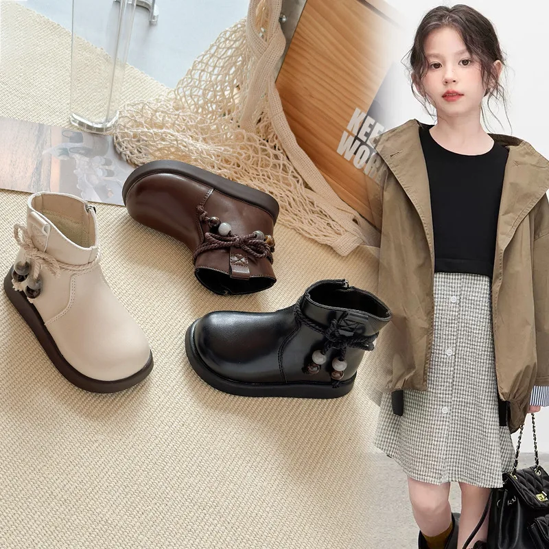 Girl Autumn Winter Vintage Soft-soled Rope Short Boots Kids Student Non-slip Breathable Leather Boots Baby Children Casual Boots