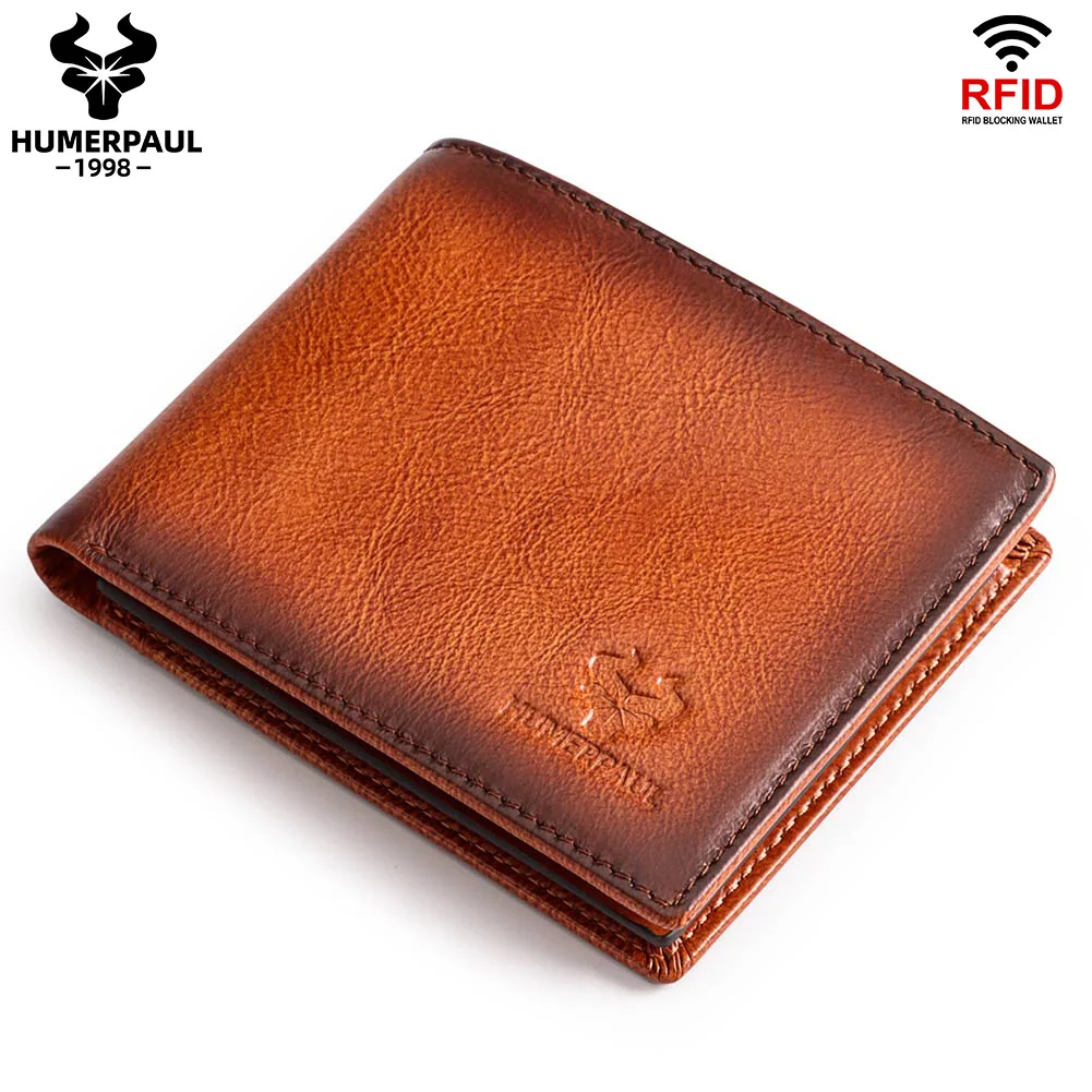 HUMERPAUL Wallet for Men Genuine Leather RFID Blocking Bifold Stylish Card Holder Purse with ID Window Classic Male Money Bag