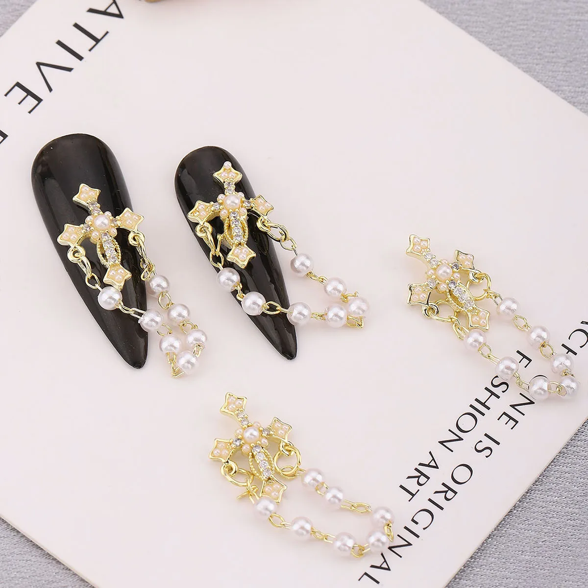 2 pcs Court wind Cross Pearl Pendant Nail patch Light luxury micro set diamond Zircon Pearl nail decoration nail accessories