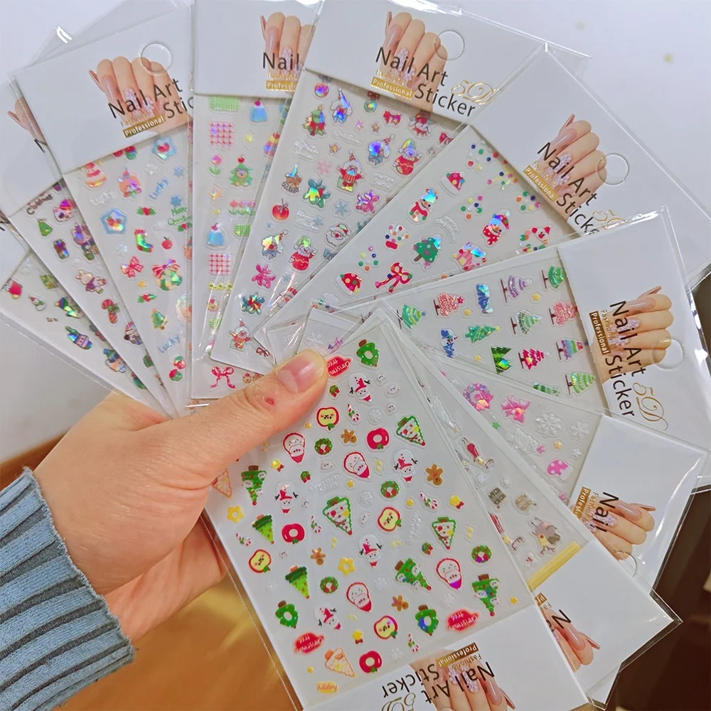 2Pcs 5D Shell Light Christmas Nail Sticker Cartoon Santa Claus Snowman Xmas Tree Bear Adhesive Decals Winter Manicure Sliders