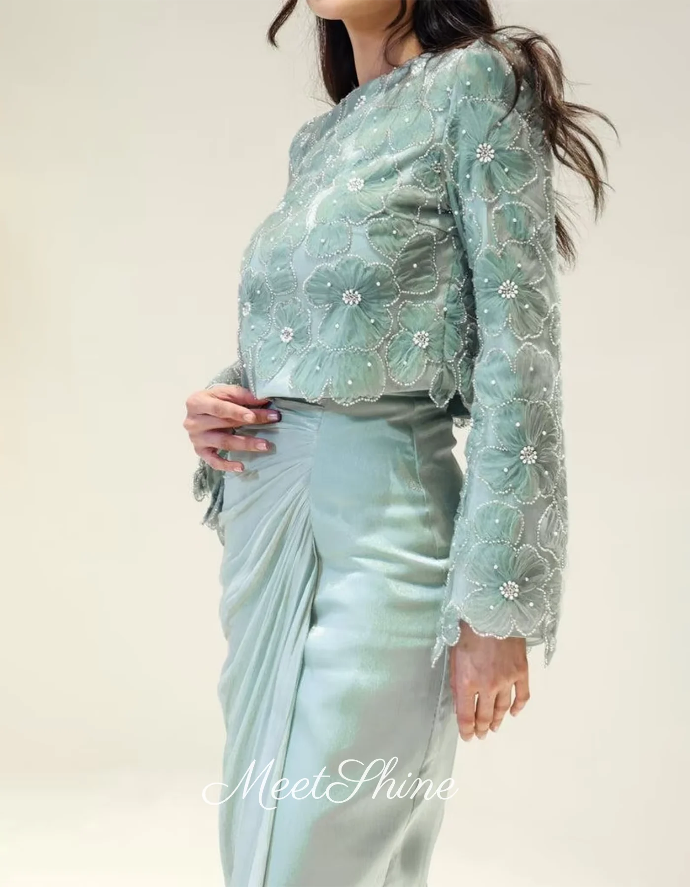 Aqua mangas compridas vestido de baile verde princesa vestido de noite arábia saudita formal vestido de casamento personalizado vestidos de gala 2025