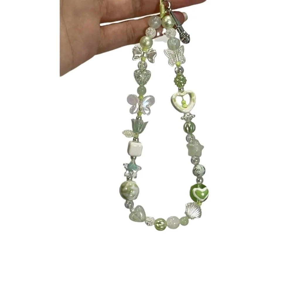 الأخضر زهرة شريط لتعليق الهاتف المحمول الحبل لطيف Kawaii فراشة سحر المفاتيح حالات ل IP 15 Airpods سماعات Ins كوريا الساخن اليدوية