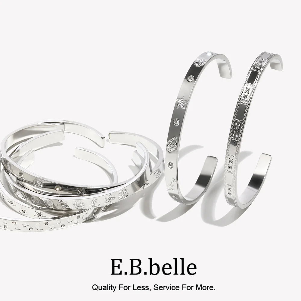 E.B.belle Stainless Steel PVD Plating Waterproof Hypoallergenic Gold Color Shell Sea Animal Star Moon Cuff Bangles Bracelets