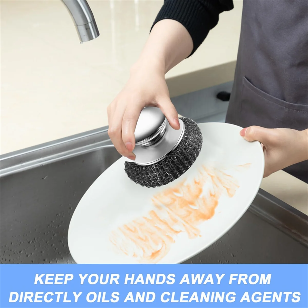 AB51 2 Buah Penggosok Baja Tahan Karat dengan Pegangan, 4 Penggosok Pengganti, untuk Membersihkan Besi Cor, Piring, Panci Dapur, Pemanggang