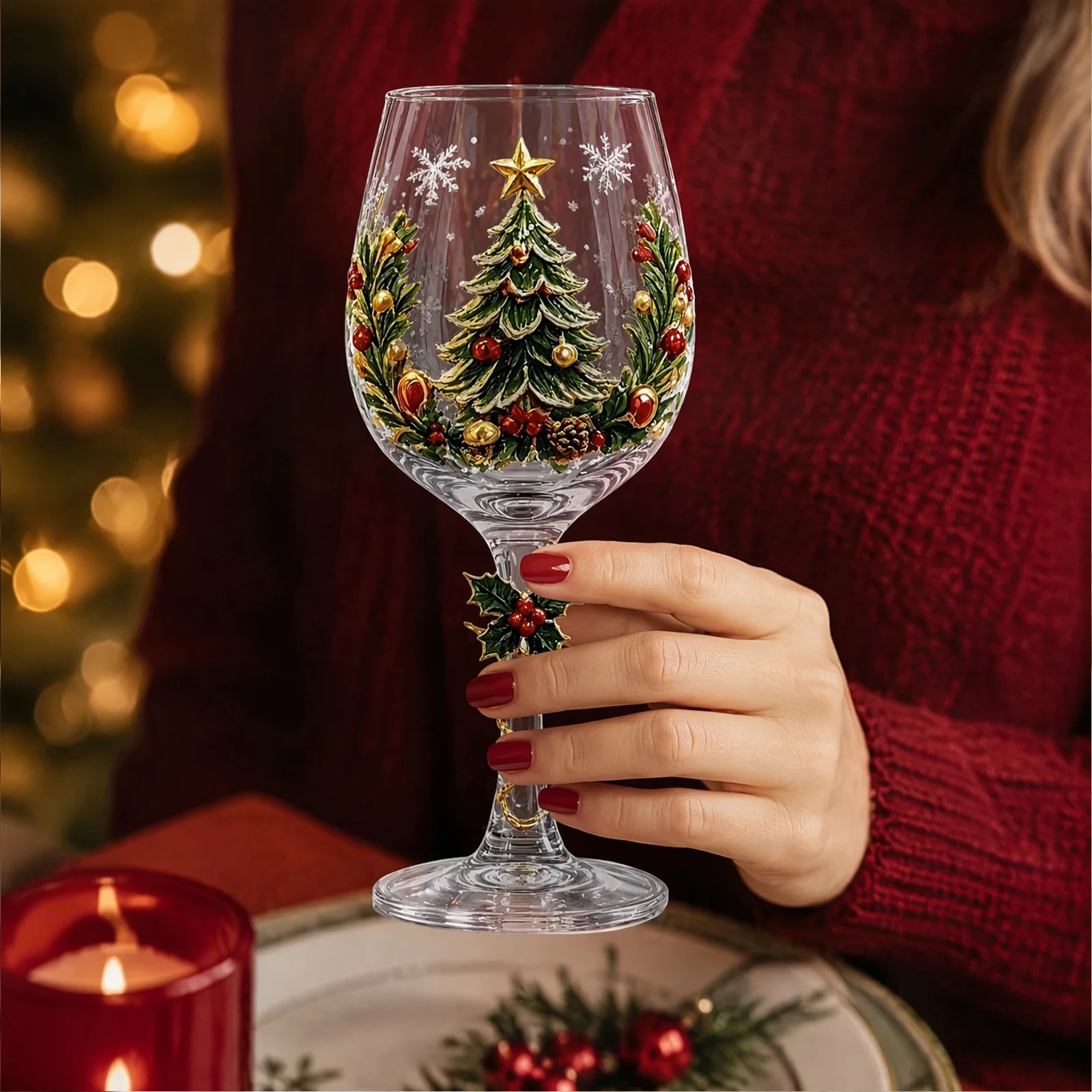 Christmas Snowflake 3D Embossed Xmas Goblet Luxury Wine Glasses Santa Snowman Reindeer Stocking Tree Wreath Xmas Table Decor ﻿