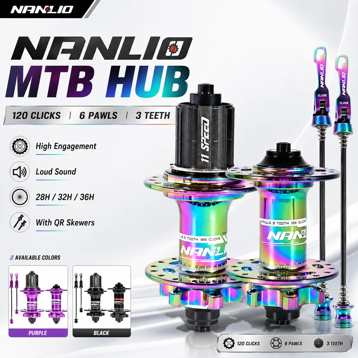 Nanlio MTB Fahrradnaben Set Vorne Hinten 120 Klicks 6 Sperrklinken 3 Zähne HG 8-11S 28/32/36H 6 Loch Scheibenbremse QR