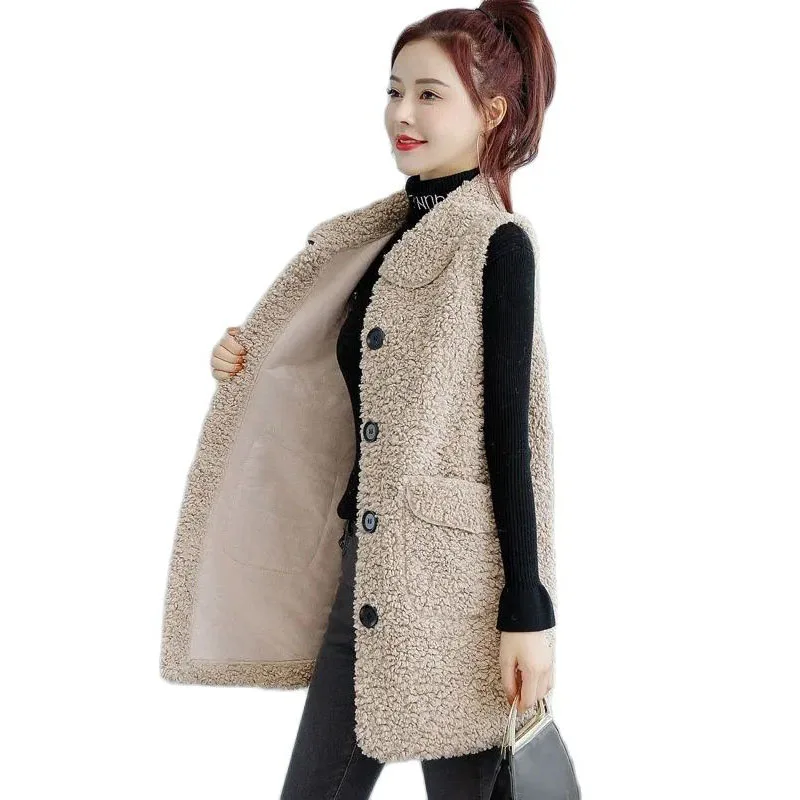 

Autumn Winter Mid-Long Lamb Wool Vest Jacket Women 2023 New Loose Turndown Collar Vestidos Fashion Pure Colour Waistcoat Female