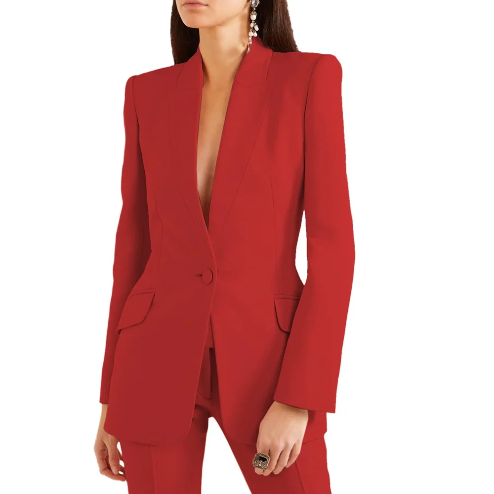 Chic Peak Lapel Pants Sets 2 Piece Solid Color Single Button Tuxedo Wedding Party Formal Casual Women's Suit (Jacket+Pants)