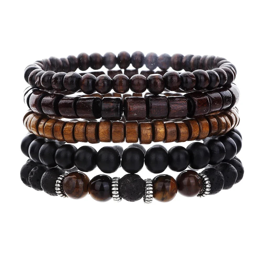 Best-selling Multi-layer Buddha Wood Bead Bracelets Sets Men\'s Retro Style Multi-layer Elastic Thread Adjustable Wooden Bracelet