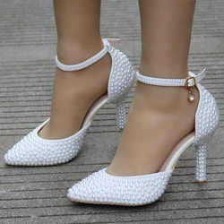 Miaoguan Crystal Queen Pointed Toe White Pearl Wedding Shoes Thin Heels Shoes Bridal High Heels Female Party Ankle Strap Sandals