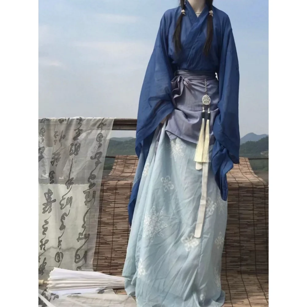 Retro Hanfu Blue Cross Collar Hanfu Set Women's Retro Oriental Dress Halloween Easter Role Playing Costume