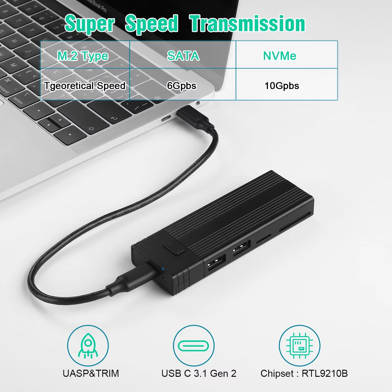 5-in-1 USB C HUB M.2 NVMe NGFF SSD-behuizing Type C HUB Dock met schijfopslagfunctie SD TF-kaartlezer voor pc MacBook Pro Air