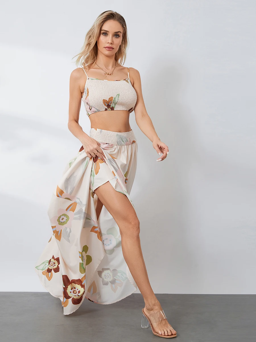 

wsevypo Floral Print 2 Piece Top Skirt Set Summer Bohemian Backless Slip Cami Tops and Flowy Pleated Long Skirt Beachwear Outfit