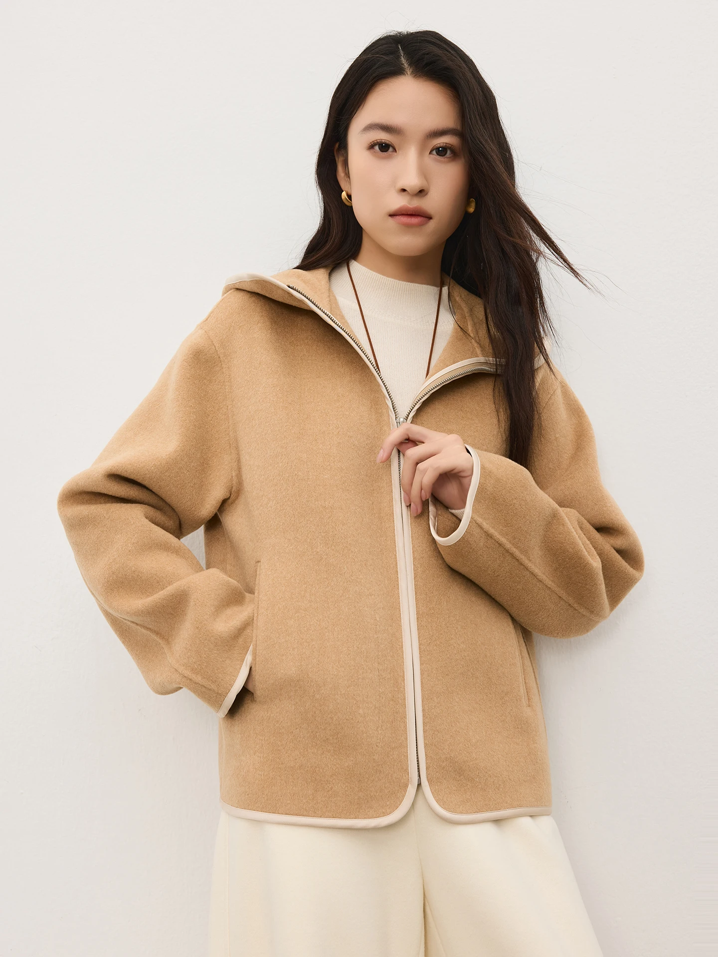 

Jaimin Autumn Winter New Arrival 780g Wool Double-Faced Hat Jaet Lightweight ort Outerwear Casual Sle Zipper Closure